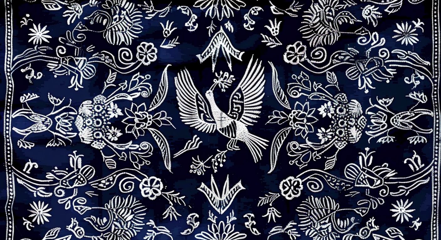 Detail of Miao batik showing phoenix, butterfly, and flower motifs drawn in white on deep indigo cloth