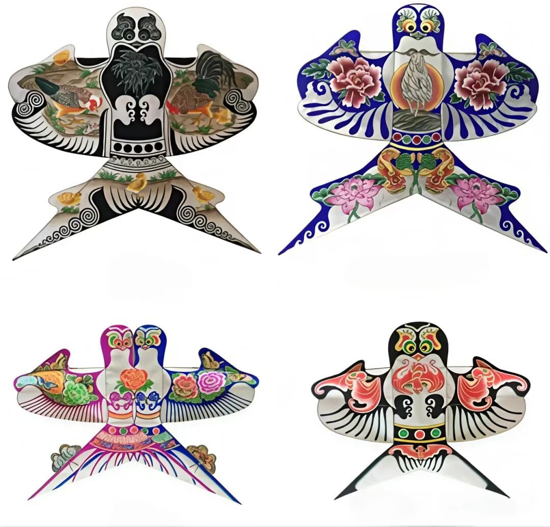 Four Cao-style sha-yan swallow kites — fat, thin and paired variants with different painted motifs
