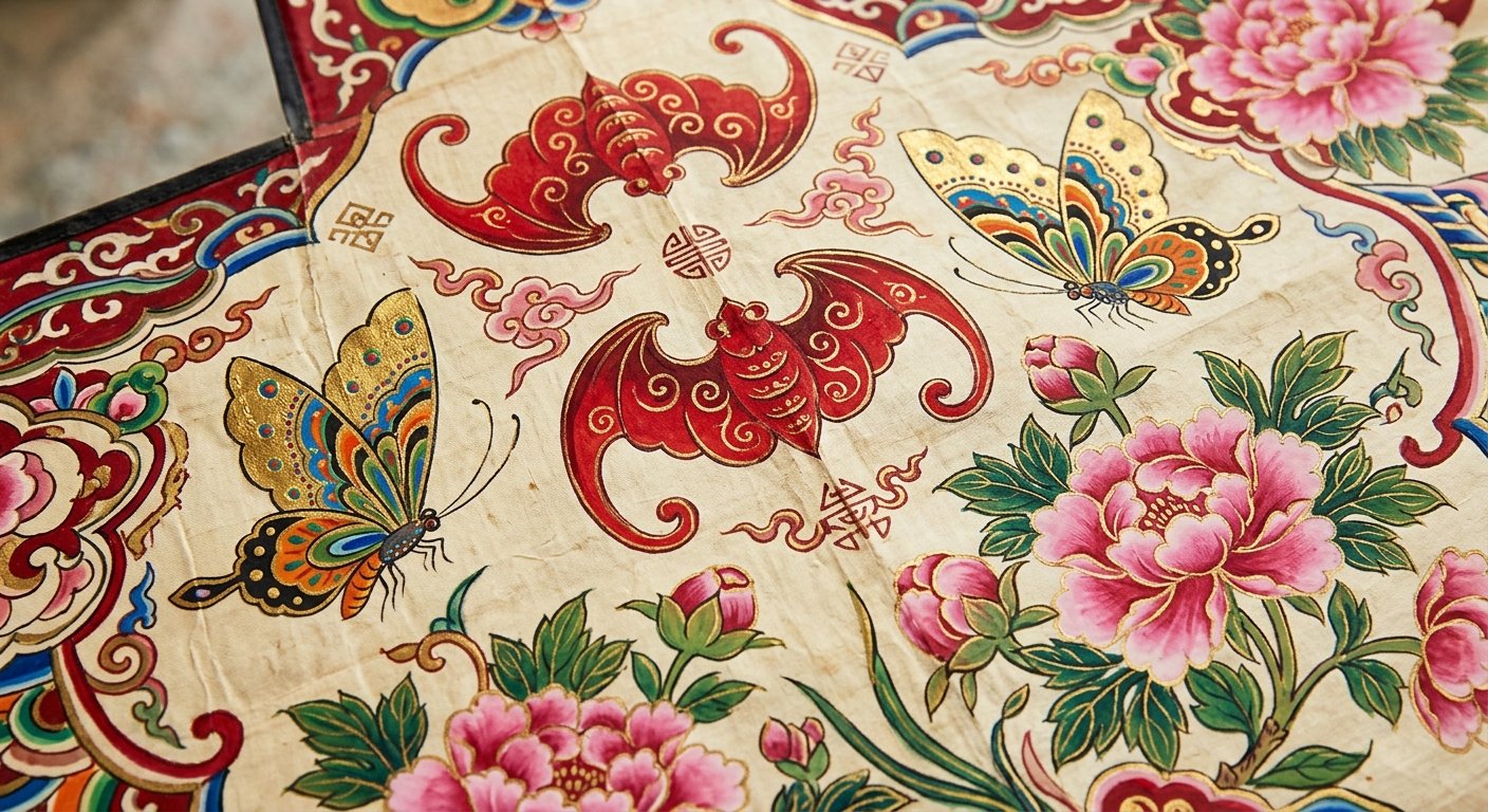 A close-up view of a painted kite surface showing stylized red bats, golden butterflies, and pink peony blossoms on cream-colored silk.