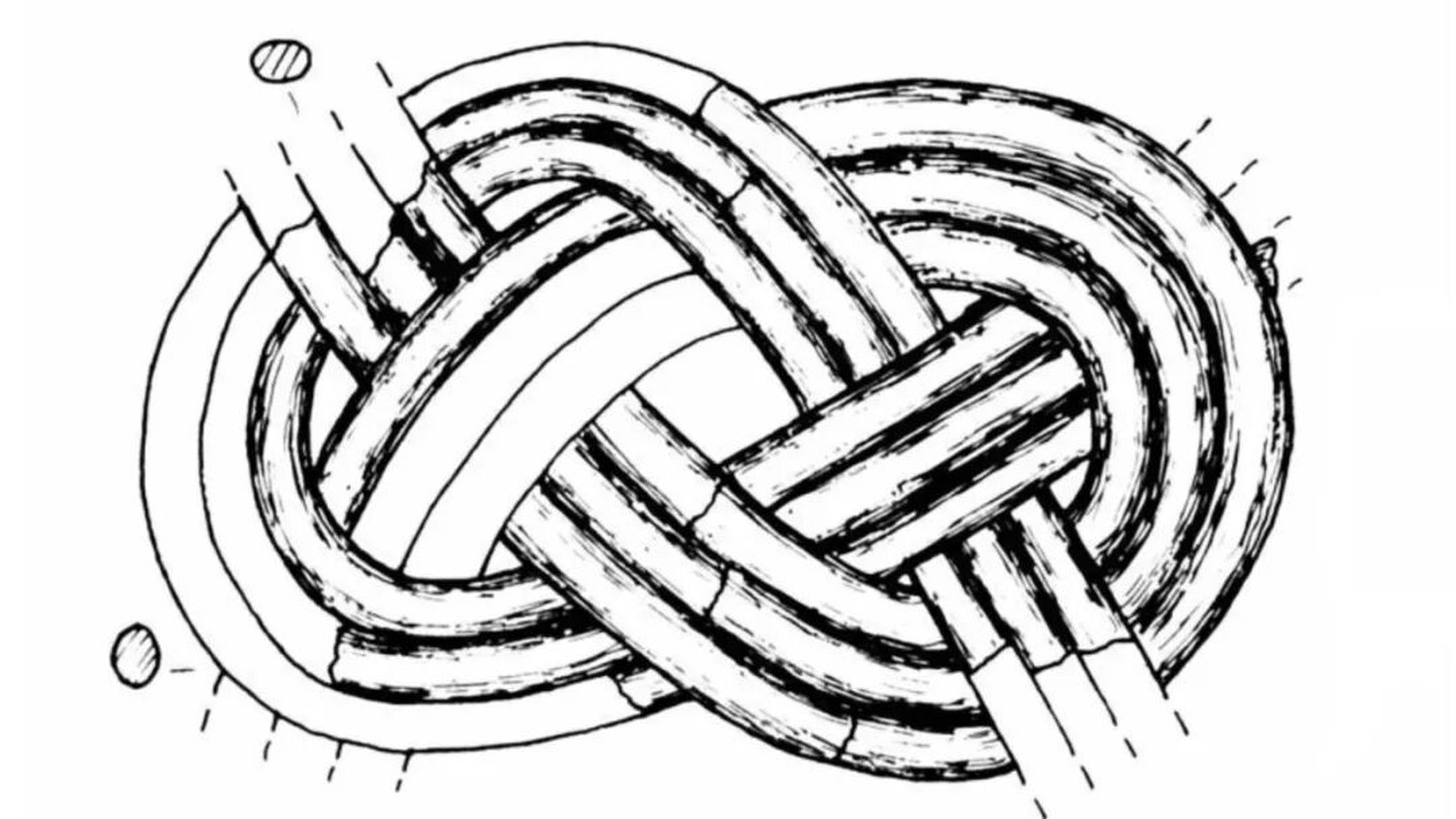 An archaeological line drawing of a 4,000-year-old woven double coin knot fragment from the late Liangzhu culture