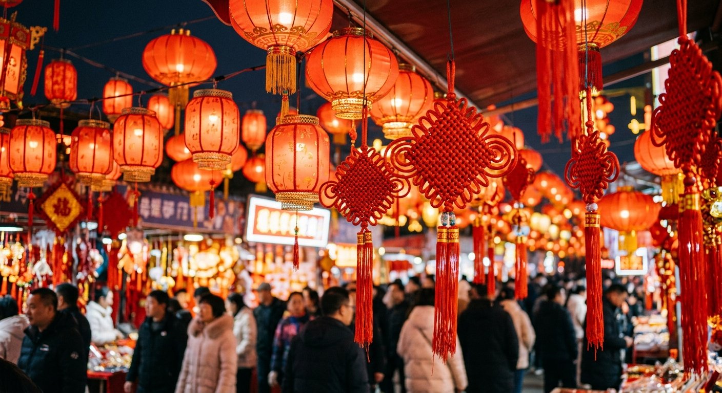 Bright red Chinese knots hanging among red lanterns and Spring Festival decorations in a busy market