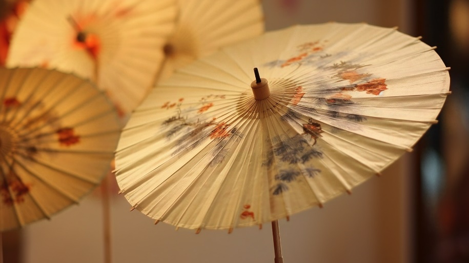 A close view of an oil-paper umbrella, showing the bamboo ribs and hand-painted flowers