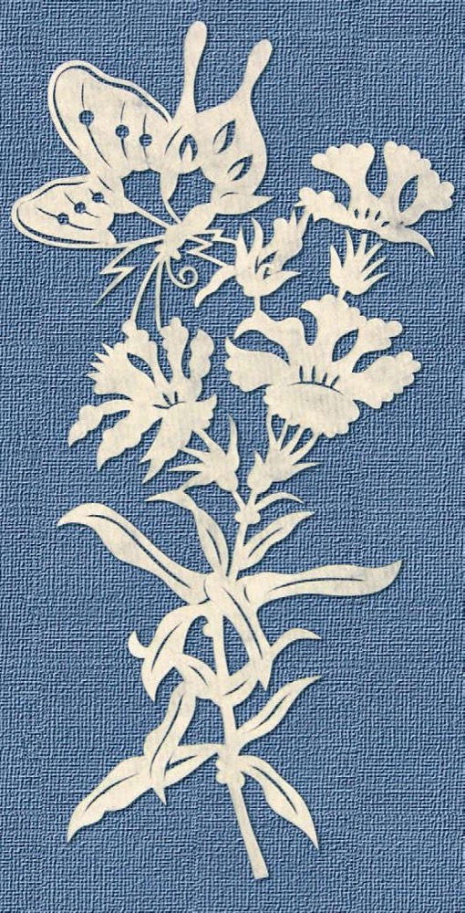 A butterfly among flowers, a common pairing in Chinese paper cutting