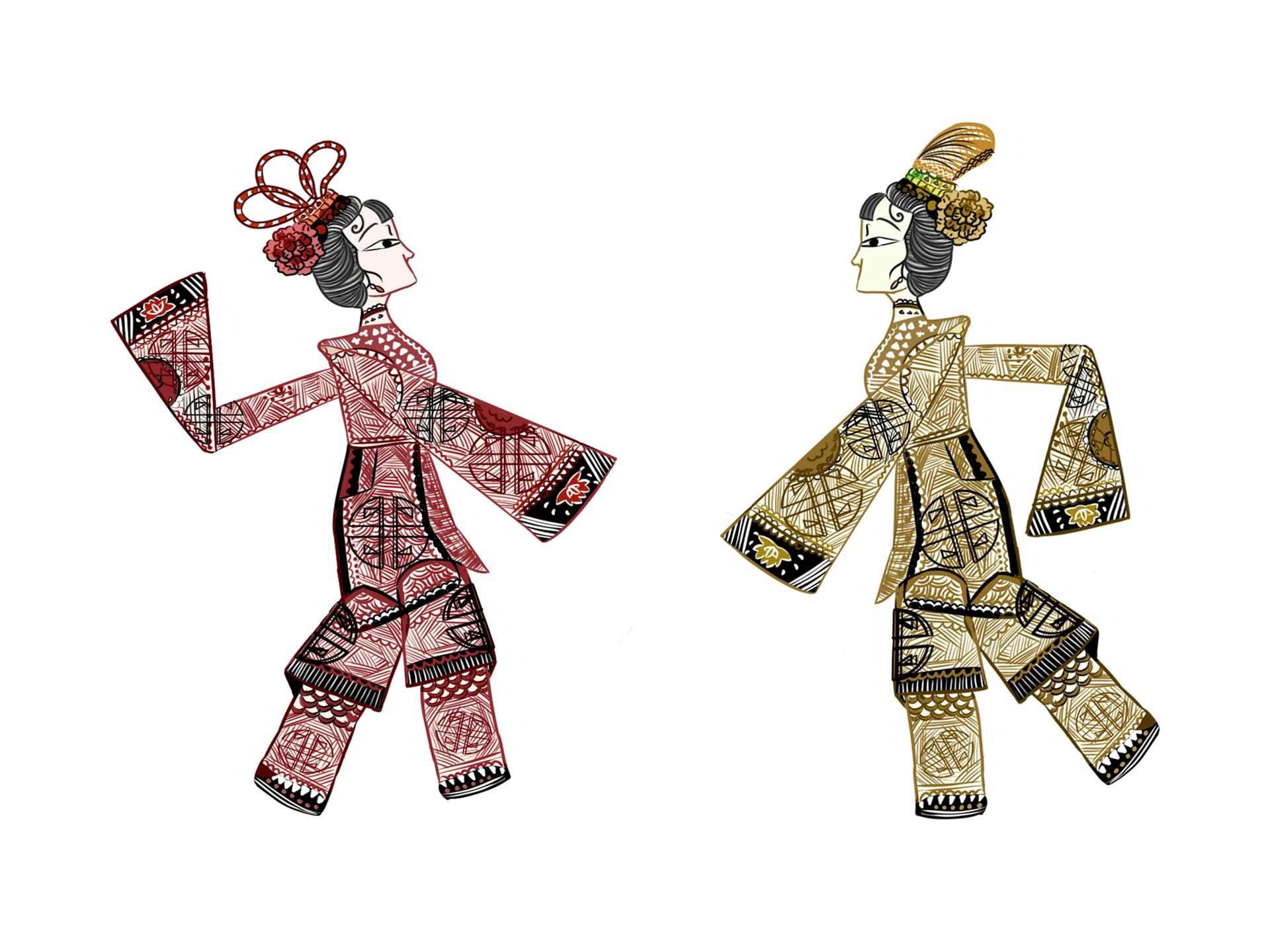 Two shadow puppets in traditional dress, carved from leather and painted in red and gold