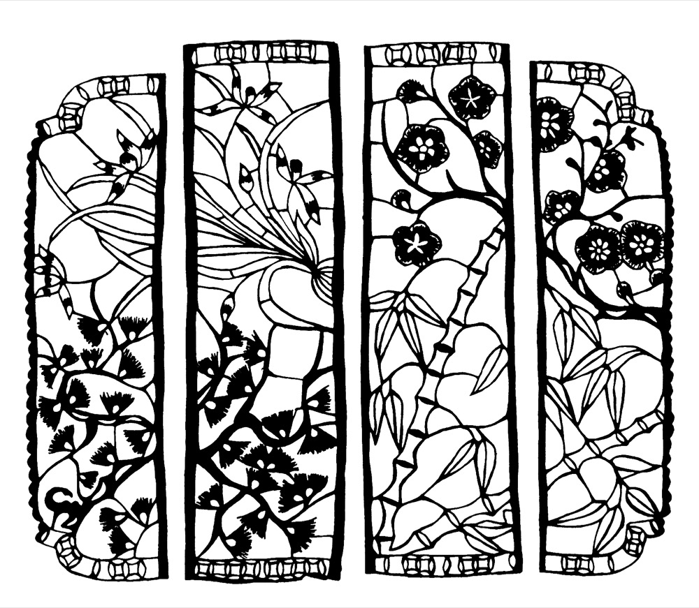 A four-panel window flower design showing figures and plants in separate lattices