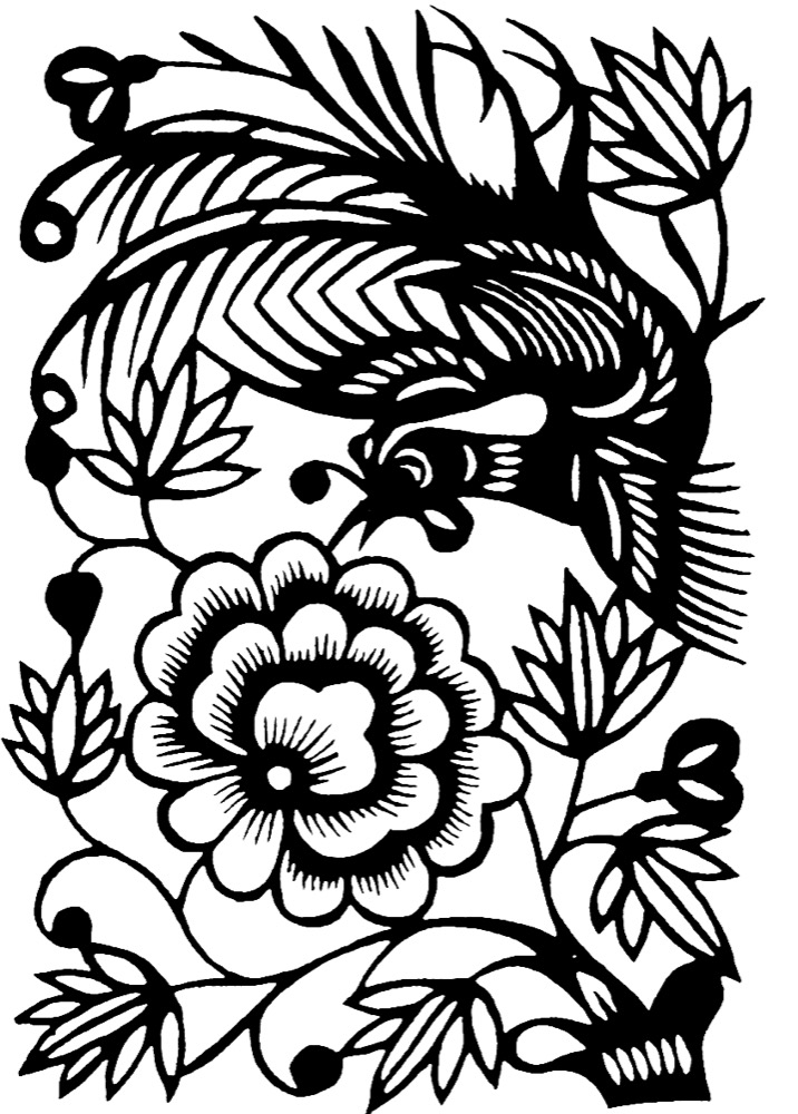 A symmetrical window flower showing paired figures and floral motifs