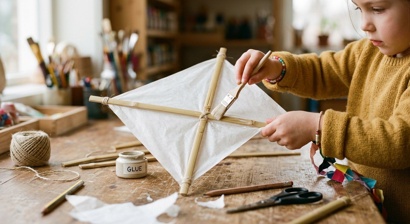 A child's hands gluing lightweight paper over a bamboo diamond kite frame on a wooden table