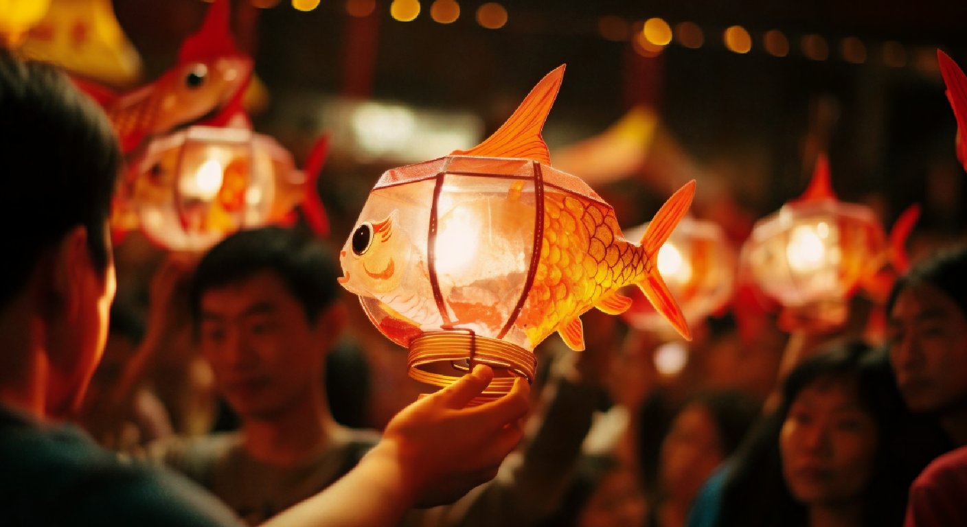 Fish lanterns glowing in a night parade, their bamboo frames and inner light clearly visible, crowds behind