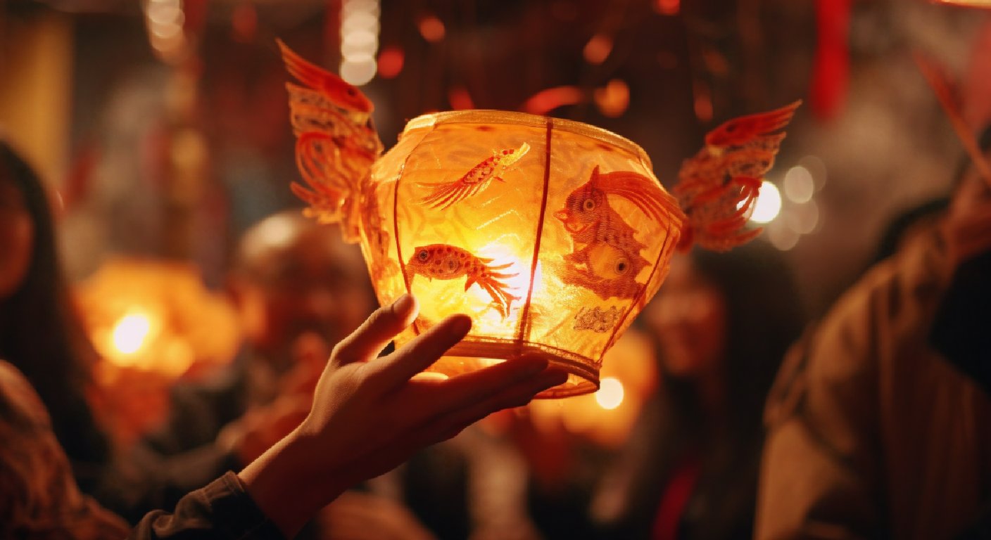 A traditional lantern painted with goldfish and water plants, glowing warmly at night