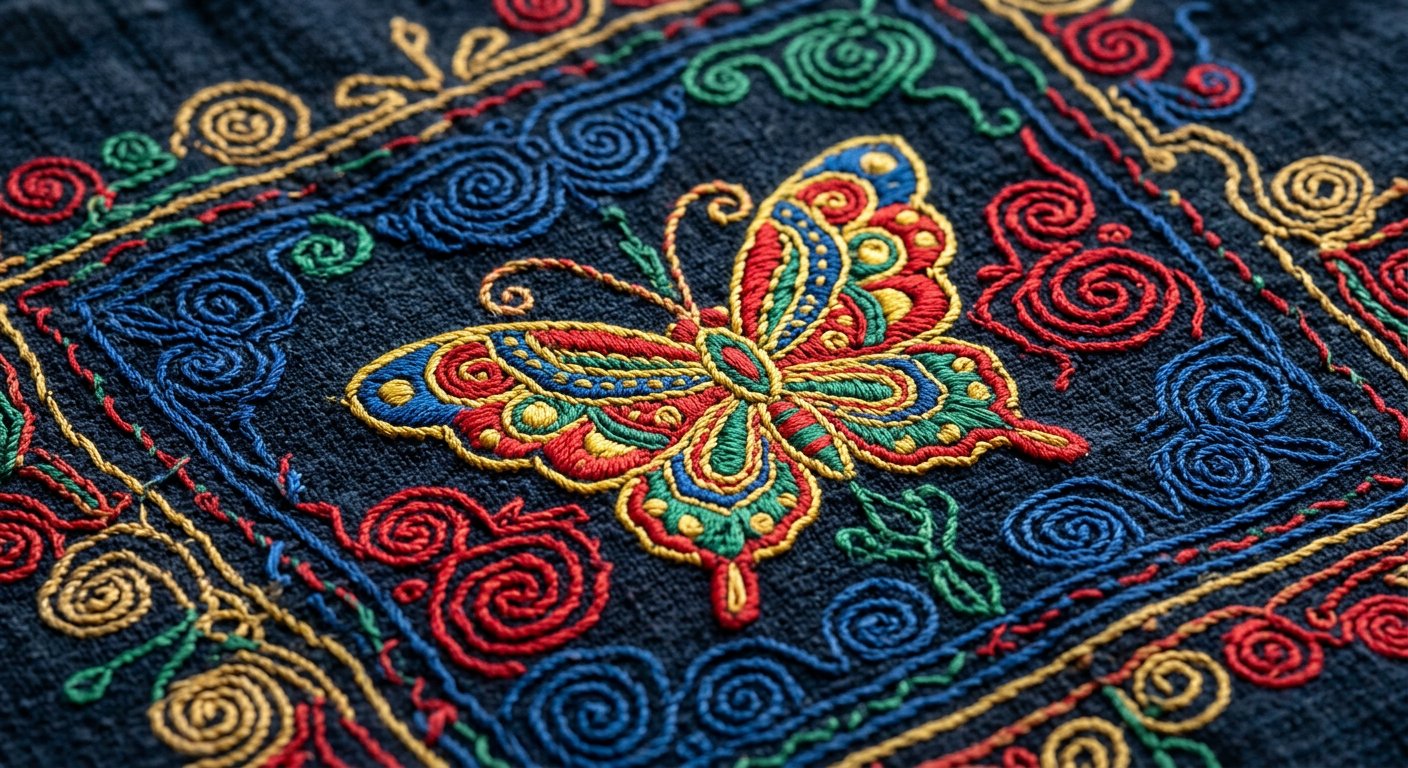 A close-up of a Miao embroidery butterfly surrounded by swirling geometric symbols stitched in red, yellow, blue, and green silk on dark cloth