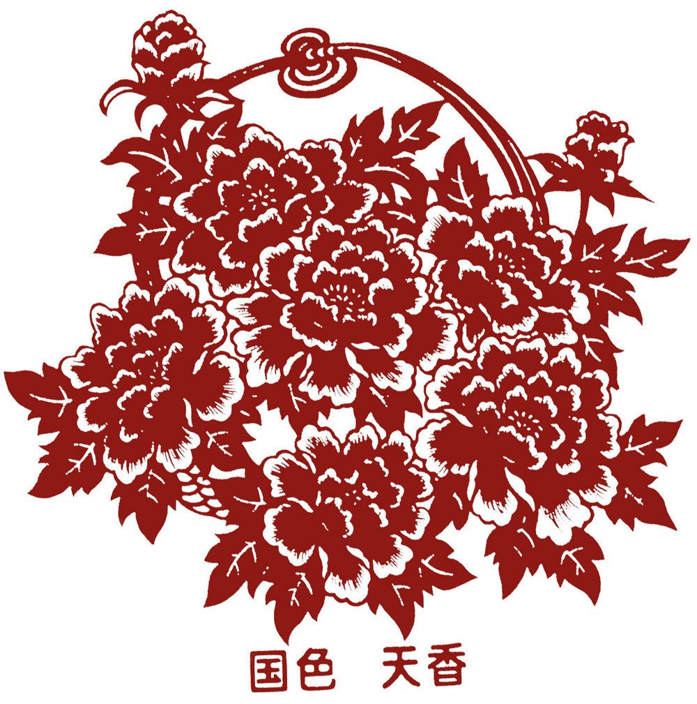 A monochrome peony basket paper cut; peonies symbolize wealth and honor