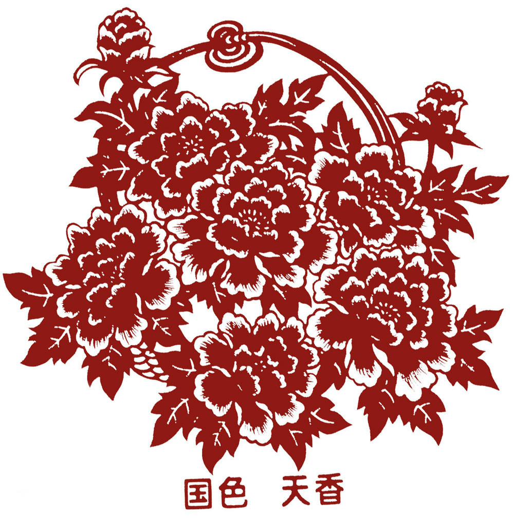 A monochrome peony basket paper cut; peonies symbolize wealth and honor