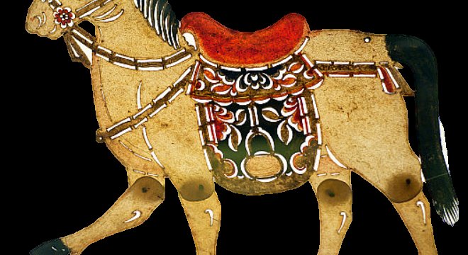A leather shadow-puppet horse with visible joints riveted at the legs and镂空 carved saddle patterns