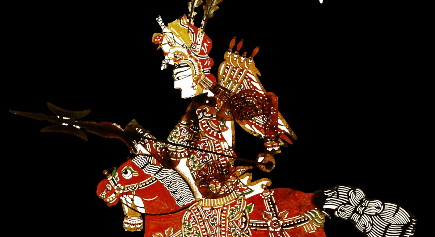 A finely carved and painted Chinese leather shadow puppet of a warrior on horseback, pheasant feathers sweeping high,镂空 patterns glowing