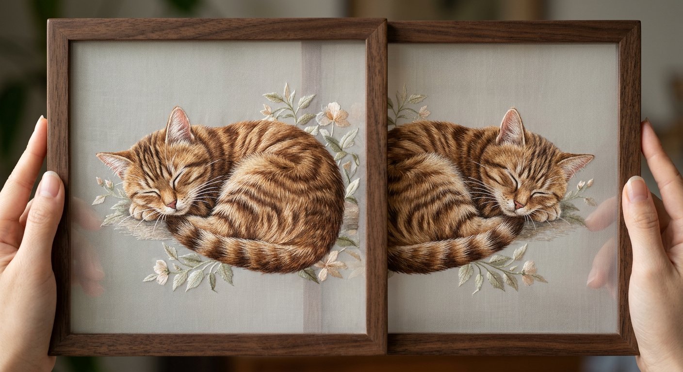 A double-sided Suzhou embroidery of a sleeping cat, showing the same image on both sides of the silk panel