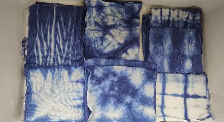 Six tie-dye sample squares showing how different binding methods produce entirely different patterns