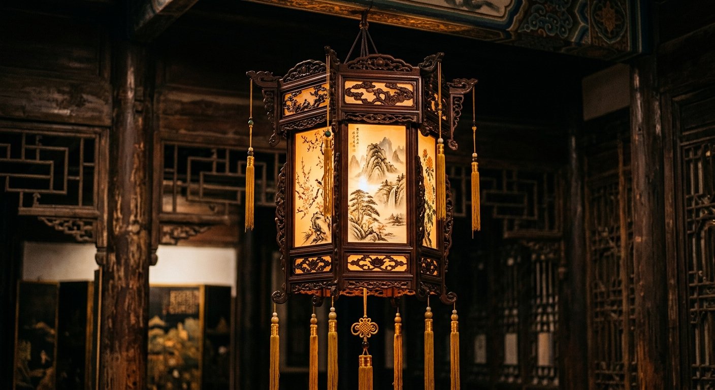 A hexagonal Chinese palace lantern with painted panels