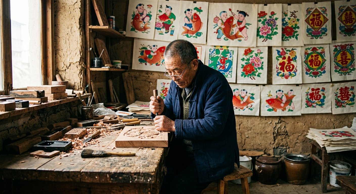 A Chinese folk artist carving a pearwood block for a New Year picture print.