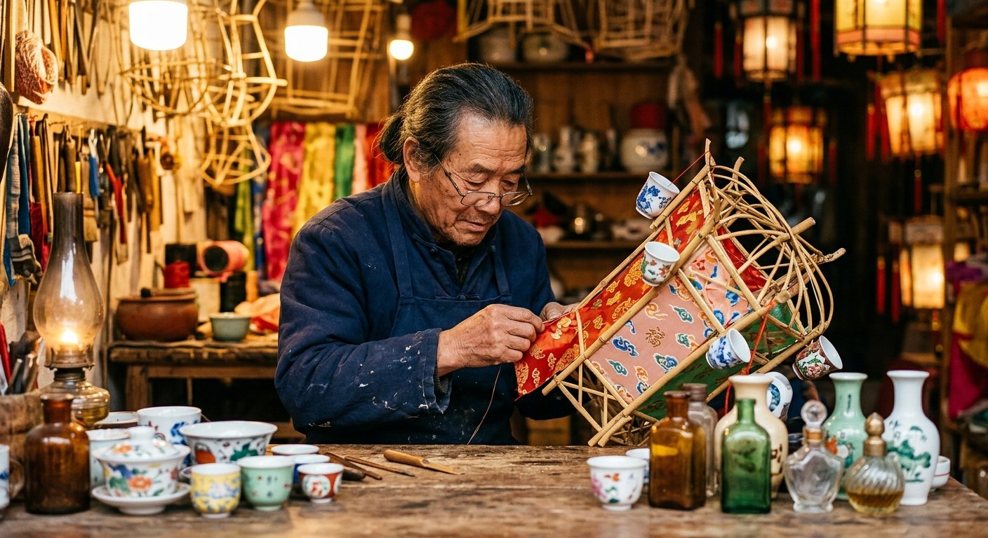 A Zigong craftsman attaches silk and porcelain cups to a bamboo lantern frame in a workshop filled with materials